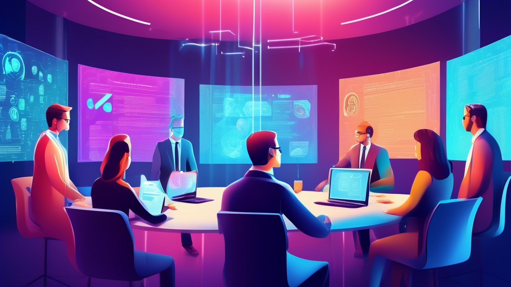 Illustrate the formation of a digital privacy alliance by depicting key stakeholders such as tech companies, privacy advocates, and legal experts in a collaborative discussion. Show a diverse group of individuals around a table with holographic screens displaying privacy symbols, legal documents, and membership criteria guidelines in a high-tech conference room setting.