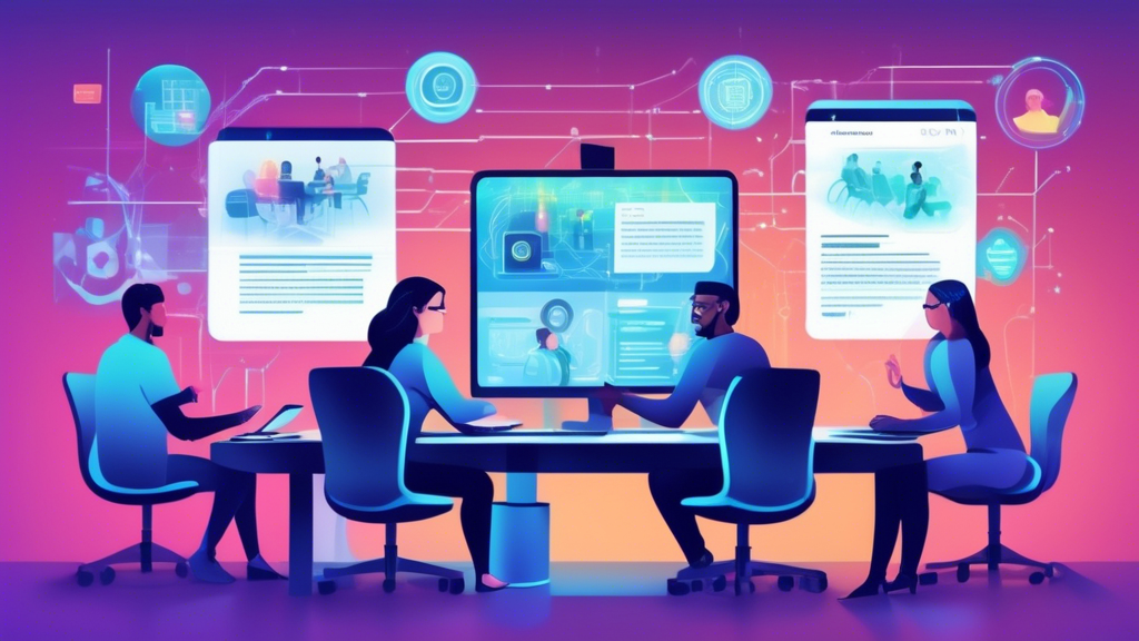 Create an illustration that showcases a digital privacy alliance team strengthening their security measures. The scene should depict a diverse group of people collaborating around a table with high-tech gadgets and holographic displays showing data protection strategies. Include elements of advanced technology like AI icons and cybersecurity graphics, along with monitoring charts and communication tools. The atmosphere should reflect continuous improvement and adaptation to new digital privacy challenges.