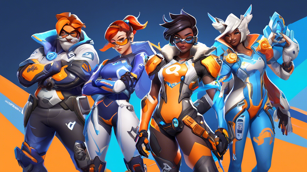 A detailed illustration capturing various methods to obtain Overwatch League skins for Overwatch heroes. The image should include a hero purchasing skins with League Tokens, another hero linking a Blizzard account and earning rewards by watching Overwatch League matches on Twitch, and a notable seasonal event featuring exclusive skin rewards. The Overwatch heroes are shown in stylish Overwatch League skins with vibrant colors and detailed designs. The overall mood is informative and engaging, showcasing the different avenues players can explore to customize their characters.