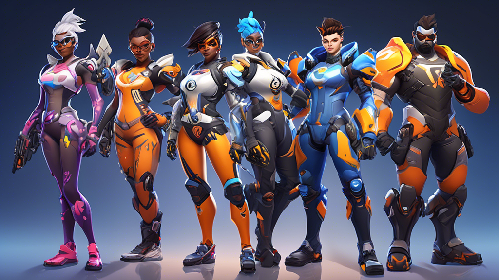 Create an image that depicts a diverse range of Overwatch heroes customized with vibrant Overwatch League skins. Each hero should be showcased with a unique skin, set against a dynamic backdrop highlighting in-game action. Include various elements like sprays, player icons, and other cosmetic items to demonstrate personalization. Emphasize a sense of strategy and style in the way the heroes are presented, and ensure the scene illustrates how these customized skins enhance both gameplay and community presence.