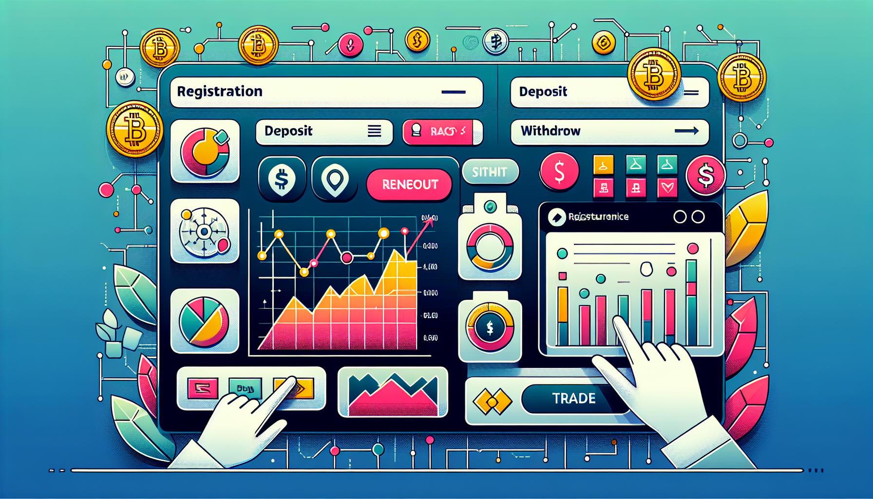A detailed illustration showing the user interface of the BKEX platform, focusing on the registration process, a variety of available trading pairs, and main functionality options such as deposits, withdrawals, and trading features. Include charts and graphs conveying active trading, as well as icons or buttons labeled 