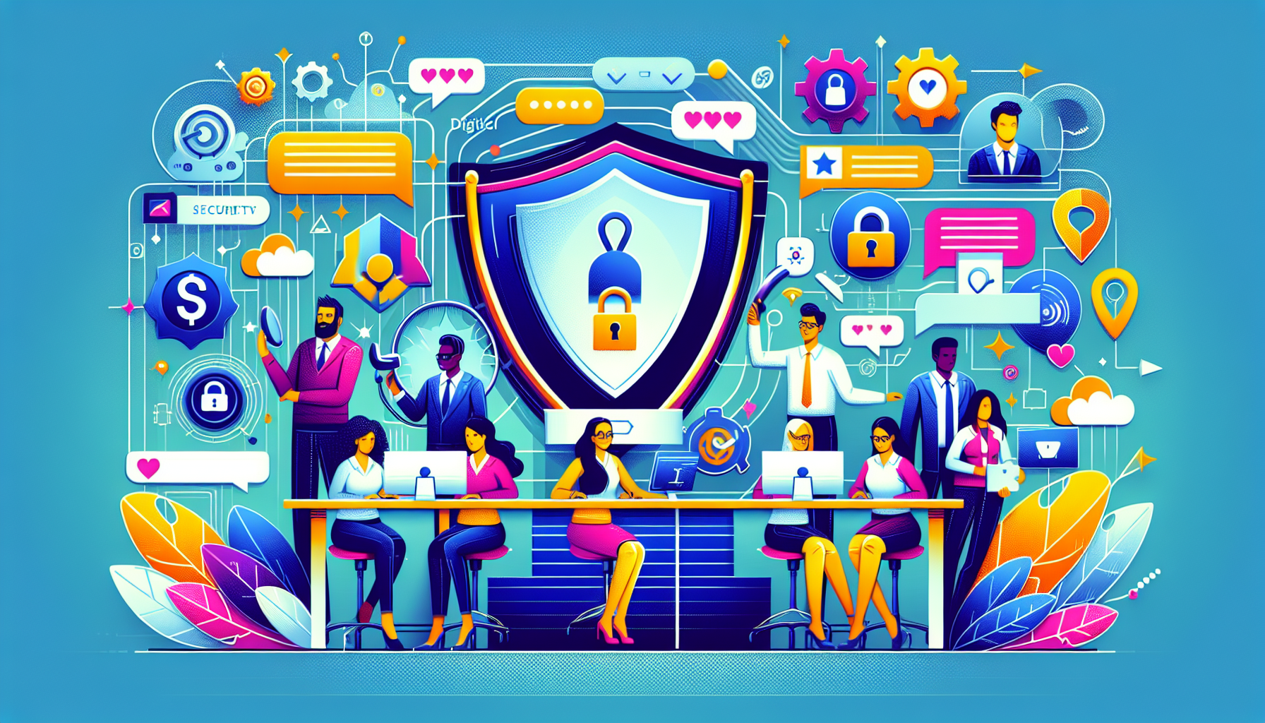 Create an image that visually represents the robust security measures and dedicated customer support on the BKEX platform. Illustrate a secure digital environment with elements like shield icons, locked padlocks, and a support desk. Include visuals of customer service representatives assisting users through various channels such as chat, email, and phone. Highlight the concept of a safe and user-friendly experience for BKEX users in a modern and tech-savvy style.