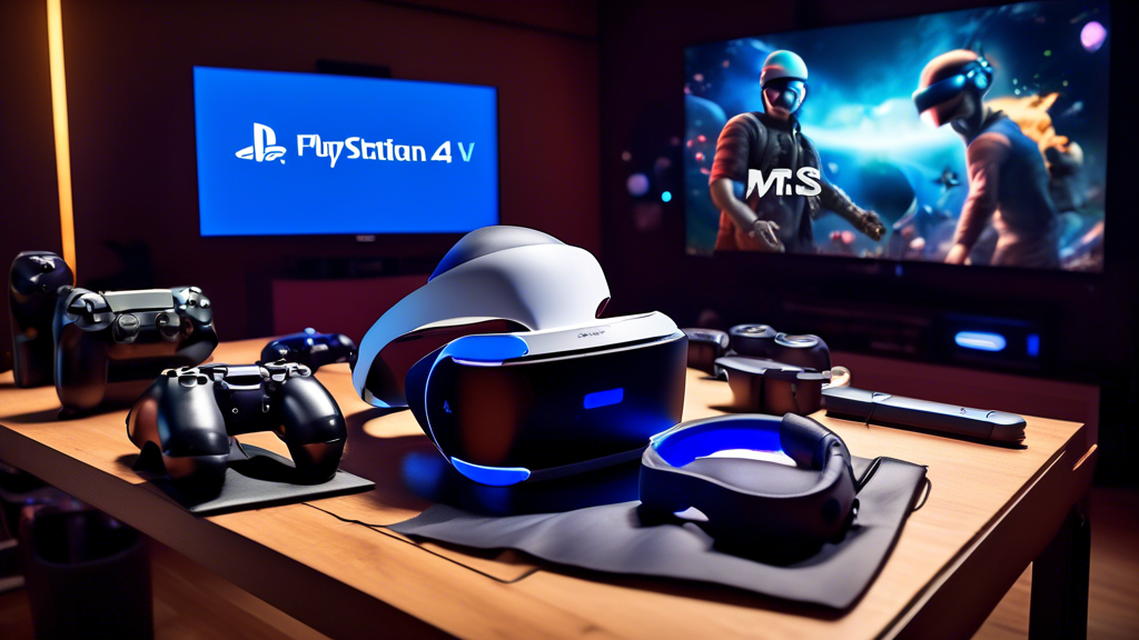 An immersive gaming setup featuring a PlayStation 4 with VR accessories laid out. The image includes a PlayStation VR headset prominently displayed, along with essential accessories like motion controllers, a VR gun, and high-quality headphones. In the background, a TV screen shows an action-packed VR game with vivid, dynamic graphics, capturing the excitement of PS4 VR gaming. The scene is set in a cozy gaming room with posters of popular PS4 VR games on the walls, emphasizing the enhancement of the VR experience.
