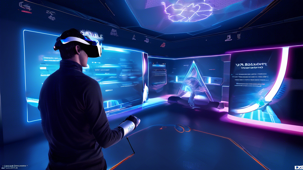 Create a DALL-E prompt for an image based on outline point #3 (Future of VR on PS4 and Beyond):

Create a futuristic scene showcasing advanced VR technology for PS4 gaming. Illustrate a gamer using a sleek, next-gen PlayStation VR headset with holographic interfaces and advanced VR gloves. Include elements that indicate evolution and innovation in VR, such as a backdrop of next-gen gaming consoles, augmented reality enhancements, and a futuristic living room setting. Add a subtle glow or digital aura to the devices to emphasize cutting-edge technology.