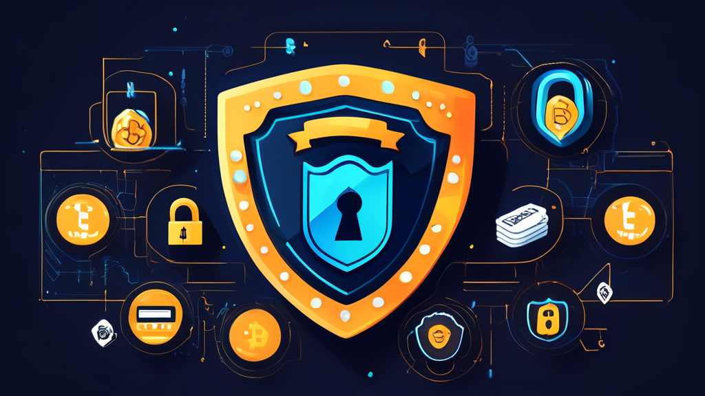 Create a detailed illustration that showcases the various security measures a trusted crypto casino should implement. The image should highlight key elements such as SSL encryption, two-factor authentication, and a security audit certificate. Include visuals of padlocks, fingerprint scanners, and a shield with a checkmark to symbolize strong security protocols. Additionally, incorporate a subtle cryptocurrency theme with icons of popular digital currencies like Bitcoin and Ethereum integrated into the design.