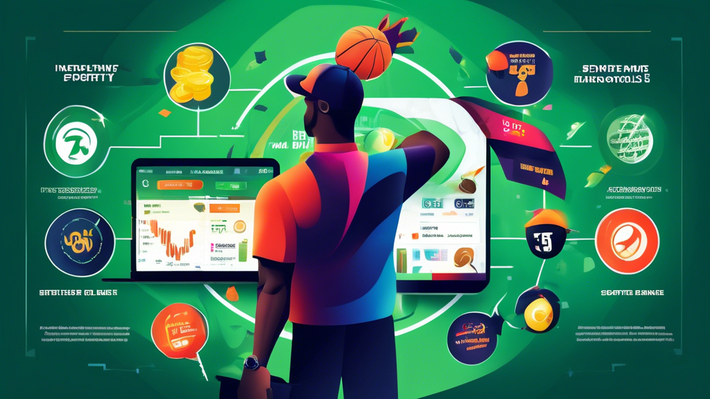Create a visually engaging infographic depicting effective strategies to increase winning potential on online sportybet. Include elements like a magnifying glass analyzing odds, promotional banners highlighting bonuses, and a piggy bank representing bankroll management. Use a modern, colorful design that reflects the energetic atmosphere of online sports betting. The background should feature subtle sports imagery, such as footballs, basketballs, and betting slips, to reinforce the theme of online betting.