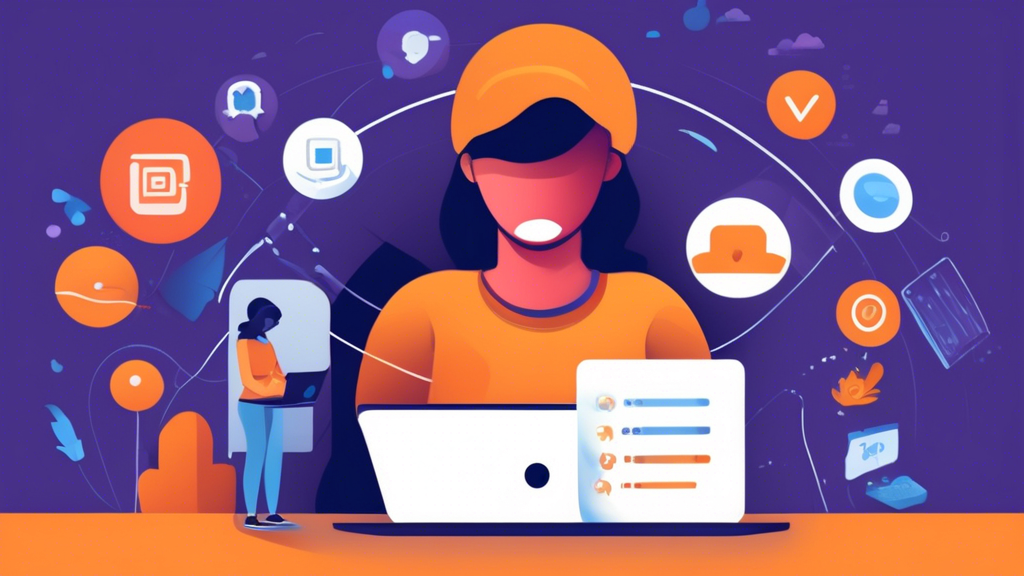 Create an illustration of a person using a laptop, following a step-by-step tutorial displayed on the screen about how to use a website unblocker URL to access restricted sites. Include visual elements like browser windows, unlock icons, and common tools such as VPNs or proxy services. The background can have a few hints of 