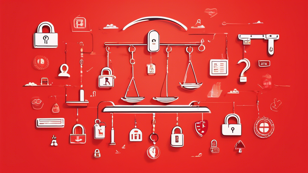 Create an image depicting a balanced scale, with one side labeled “Benefits” and filled with symbols like open locks, global access icons, and happy user faces. The other side is labeled “Risks” and filled with symbols like red exclamation marks, warning signs, and handcuffs. The background features a faint, transparent URL with a padlock partially opened, illustrating the concept of a website unblocker URL.