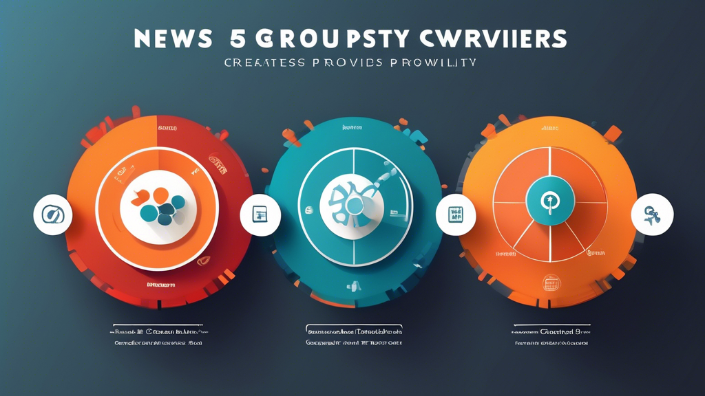 Create an image that portrays the top 5 newsgroup providers in a comparative chart format. The chart should feature detailed analyses of each provider, including bar graphs or pie charts for strengths and weaknesses. Include icons or logos representing each provider, and visually depict critical aspects like speed, reliability, security, and user-friendliness. Emphasize the keyword best newsgroup provider with a highlighted section or a prominent label.