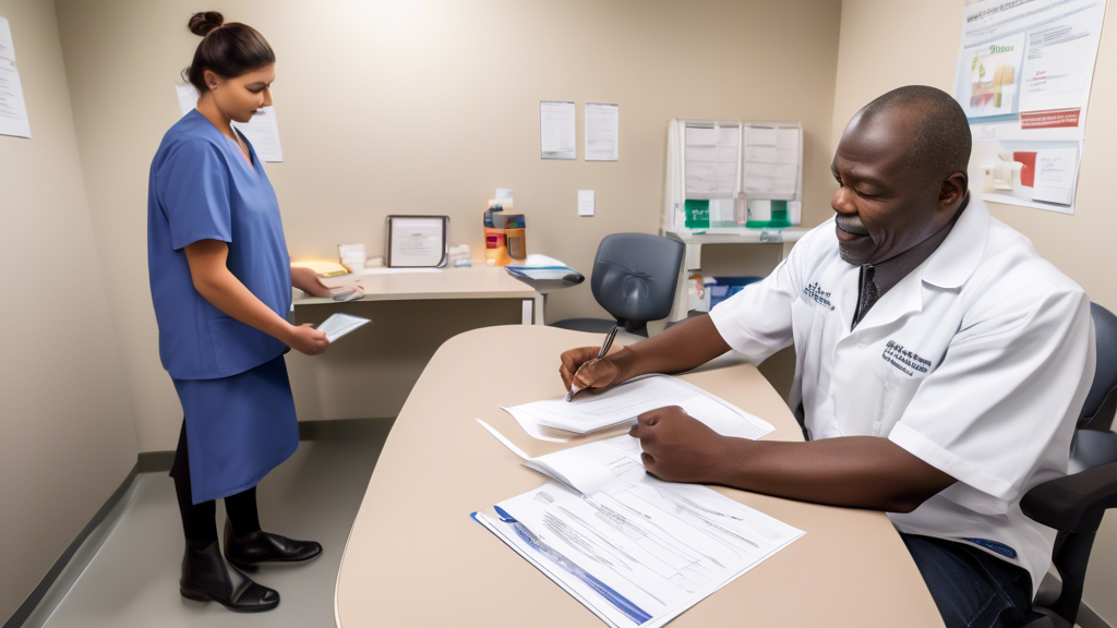DALL-E prompt: An organized, friendly clinic environment with a truck driver sitting in a comfortable chair, filling out forms with essential documents neatly arranged on a desk next to him. A healthcare professional prepares for the express DOT physical examination in the background. Visual cues like a wall clock and signs indicating a quick and efficient service help set the scene, along with a welcoming atmosphere that suggests a positive experience.