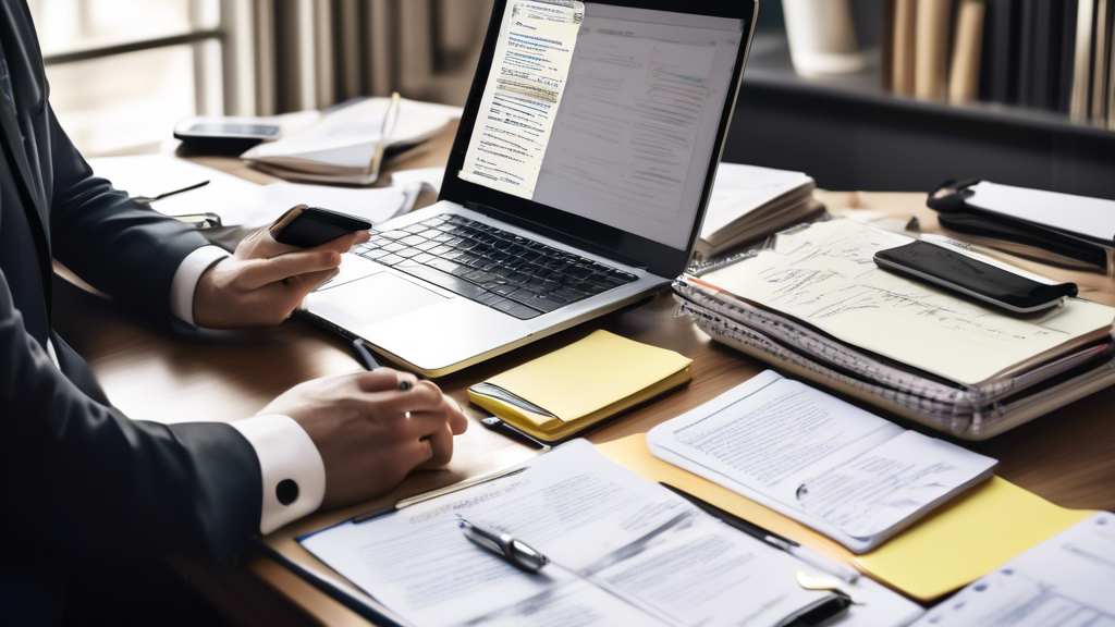A busy desk filled with a laptop, smartphone, and a notepad with scribbled notes, surrounded by legal review books and directories. The laptop screen shows a search engine with the query 