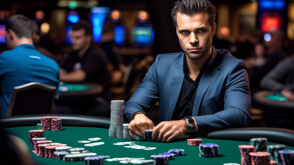 Create an image showcasing a confident poker player at a WPT tournament table, surrounded by cards, chips, and intense opponents. Highlight the player