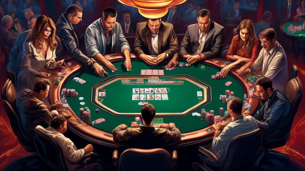 Create an intricate illustration that captures the essence of advanced strategies in WPT Poker tournaments. The scene should depict a dramatic poker table during a high-stakes game, showcasing players in various positions around the table, each demonstrating intense focus and strategic thinking. Include visual elements representing key concepts such as analyzing table position, chip dynamics with stacked chips emphasizing their importance, and a vibrant post-flop play scenario. The atmosphere should be electric, with bright lights and a captivated audience in the background, highlighting the thrill and complexity of WPT Poker.