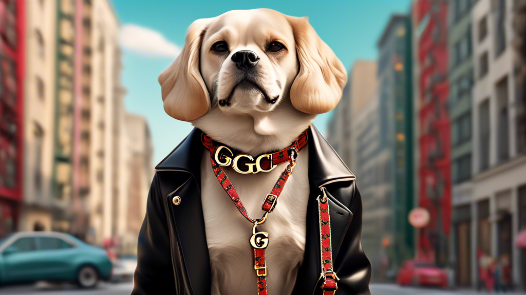 A stylish dog wearing a Gucci dog leash, posed against a trendy urban backdrop. The leash features Gucci