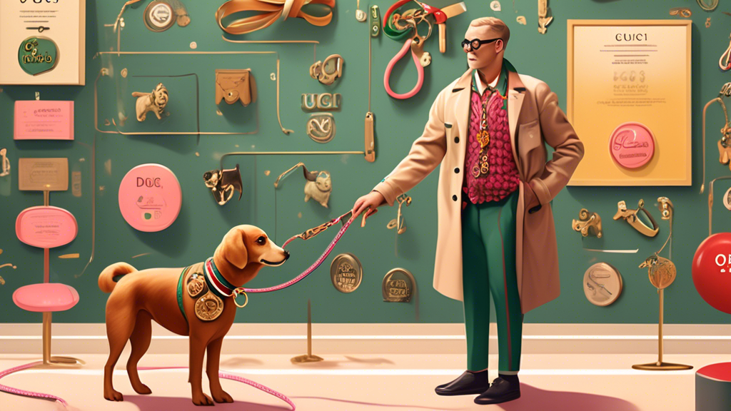 Create an image portraying a sophisticated scene where a well-groomed dog, wearing a Gucci dog leash, stands proudly next to its owner. The owner is gesturing thoughtfully, while dollar signs, check marks, and scale icons float around them, visually representing a cost-benefit analysis. In the background, a display of various other dog leashes labeled with different brands contrasts with the highlighted Gucci leash, emphasizing its superior quality and longevity. The scene should exude elegance, excellence, and luxury, reinforcing the investment