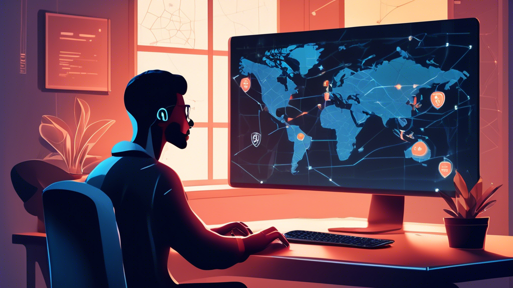 Create an image of a person sitting at a computer in a cozy home office. The screen shows a VPN interface with status markers like Connected and Encrypted. The background screen displays a world map with data encrypted lines and various country locations being accessed. Overlay elements illustrate protection, such as a shield icon, padlock symbol, and an invisible cloak, representing anonymity. The image should convey the benefits of security and privacy that come with using a VPN server, highlighting protection from hackers, data encryption, and anonymous browsing.

Keyword: VPN server, security, anonymity.