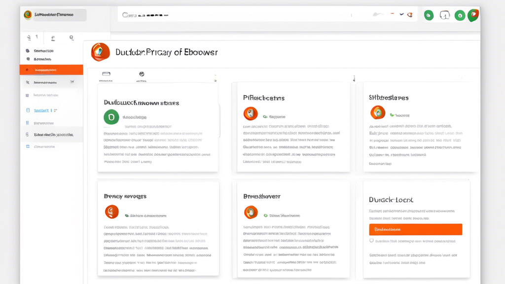 Create an image depicting the privacy features of the DuckDuckGo online browser. Visual elements could include a browser window with security icons like shields, locks, and privacy badges. Show trackers and cookies being blocked or crossed out. Include comparisons with common browsers like Chrome or Firefox, with graphs or icons highlighting DuckDuckGo