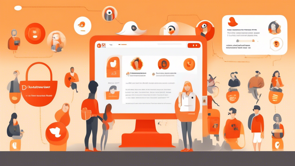 Create an image that captures the benefits and limitations of using the DuckDuckGo Online Browser. The scene should include two contrasting halves: one half showcasing advantages such as happy, secure users with locks and shields illustrating privacy, seamless browsing experience, and positive user testimonials; the other half depicting potential drawbacks such as users facing minor limitations or challenges, with icons representing areas for improvement. The overall aesthetic should be modern and clean, highlighting the balance of positives and negatives. The branding and color scheme should align with DuckDuckGo’s recognizable design.