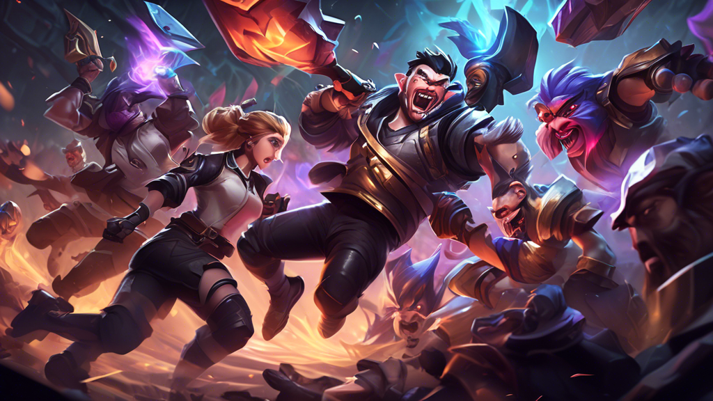 Create an intense, action-packed illustration of a professional League of Legends match with the G2 Esports team showcasing their unique and strategic gameplay. The image should feature G2 players executing a series of innovative tactics and outplaying their opponents, with an intense focus on coordinated team fights and strategic maneuvers. Highlight the coaching dynamics with an energized coach guiding the team from the sidelines, and emphasize the synergy and precision in G2