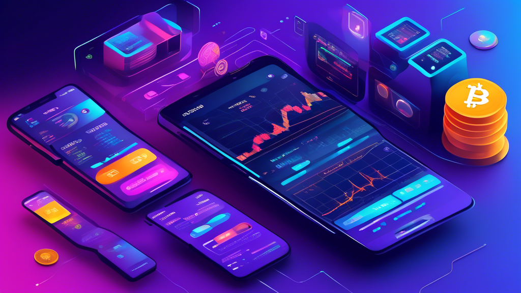 Generate an image depicting a vibrant digital marketplace for cryptocurrency trading on the P2PB2B platform. Include visual elements representing buying and selling cryptocurrencies, staking, trading bots in action, and comprehensive analytical tools and charts being utilized by users. Highlight a sleek interface with users interacting seamlessly with these functionalities, showing a dynamic and futuristic financial environment.