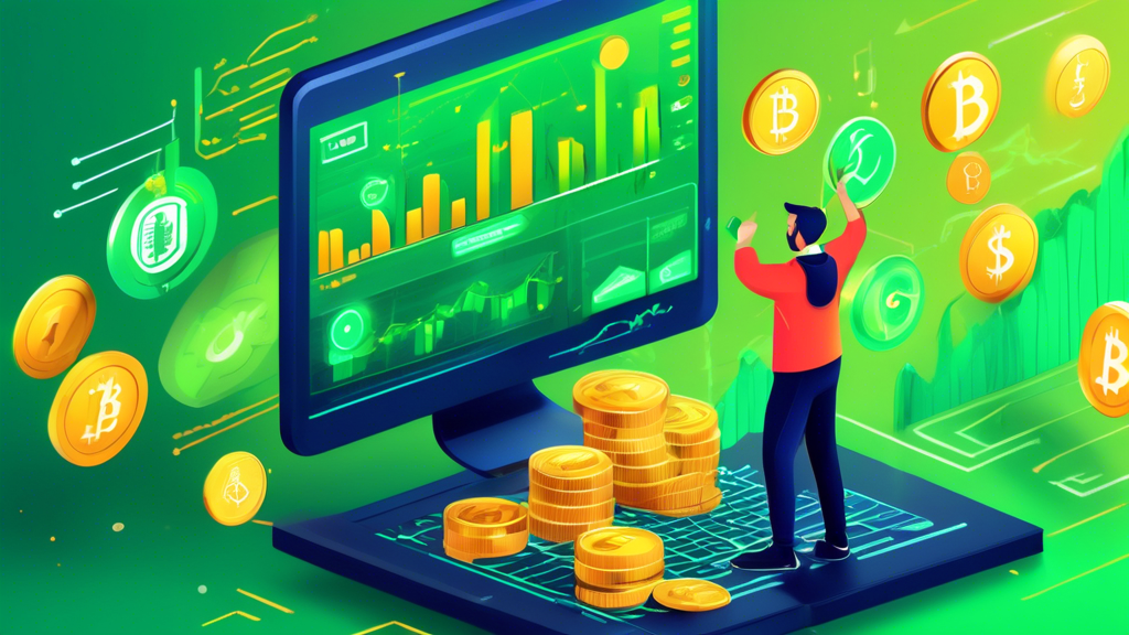 Create an image of a vibrant cryptocurrency trading screen displaying various crypto assets with green arrows indicating upward movement. In the foreground, depict a confident trader celebrating with upward thumbs, clutching a small stack of coins that is connected to a larger stack through a magnifying glass effect to symbolize the leverage. Ensure the background includes dynamic charts and graphs to convey the energy and potential of leverage trading in crypto. Use a blend of futuristic and finance-themed elements for an exciting atmosphere.