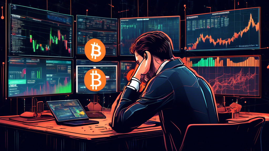 Create an image depicting the dangers of leverage trading in cryptocurrencies, showing a trader surrounded by digital screens displaying fluctuating crypto values, looking stressed as his capital diminishes. Include visual elements like a liquidation alert, a margin call notice, and the high volatility of the crypto market graphically represented with sharp peaks and drops. The background should be dark and intense to emphasize the risks and pressures involved in leverage trading.