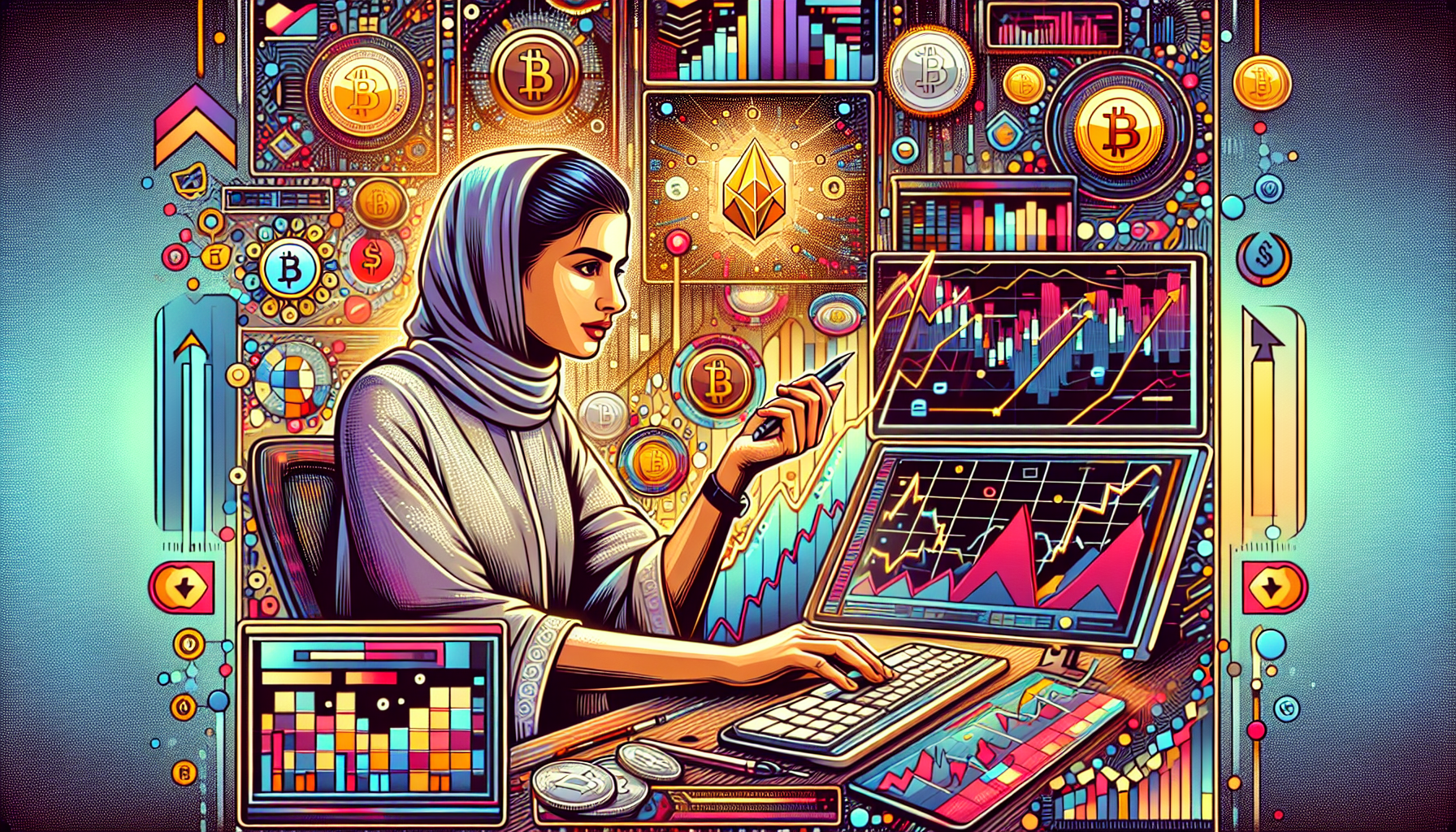 DALL-E prompt: A detailed and professional illustration depicting effective strategies for successful coin trading. The image features a trader analyzing market charts and graphs on a computer screen, highlighting both technical and fundamental analysis. The background should include icons symbolizing market analysis, risk management, and financial forecasting tools. Elements like upward and downward trends, statistical data, and a diverse range of coins are also portrayed. The overall atmosphere is dynamic and focused, signifying the complexities and strategies involved in coin trading.