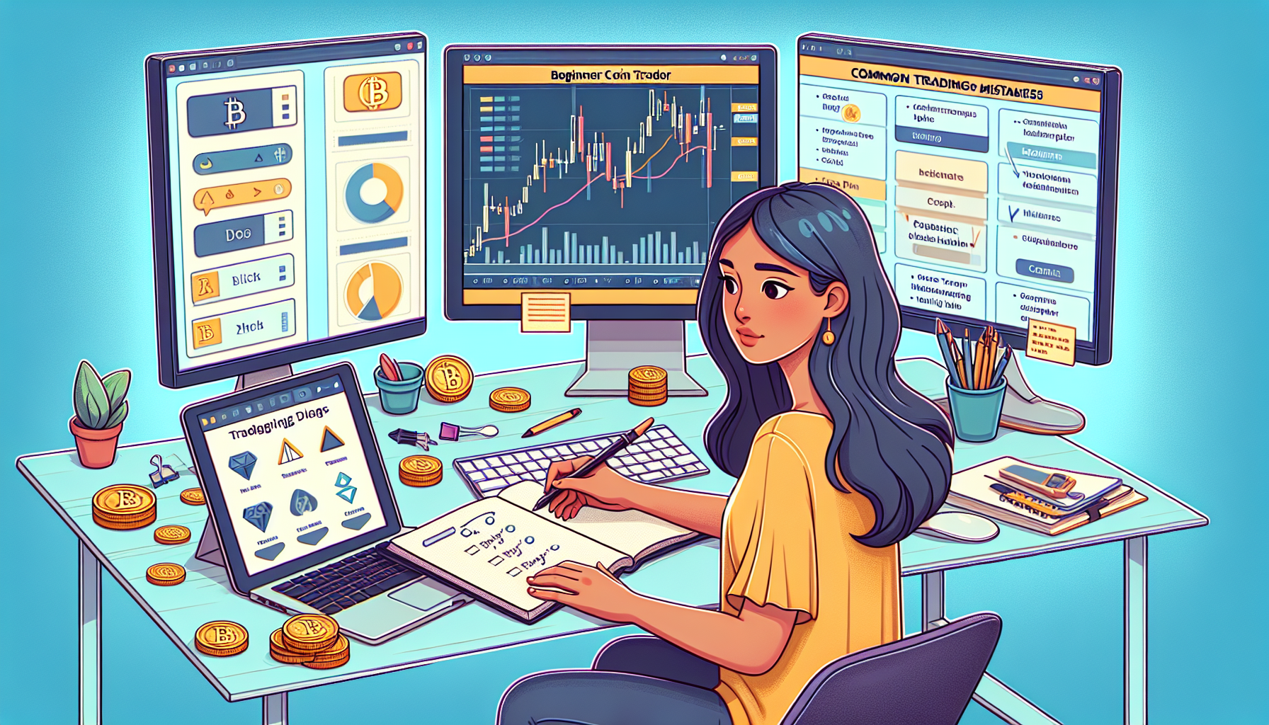 Create an image that depicts a beginner coin trader at a computer desk, intently studying and writing notes. On the desk, there are various trading tools and platforms displayed on multiple screens. A notepad with a detailed trading plan and a checklist of common trading mistakes to avoid is open. This scene should provide a practical and educational atmosphere, emphasizing the step-by-step learning process of coin trading.

Keywords: coin trading, beginner, computer desk, trading tools, trading plan.