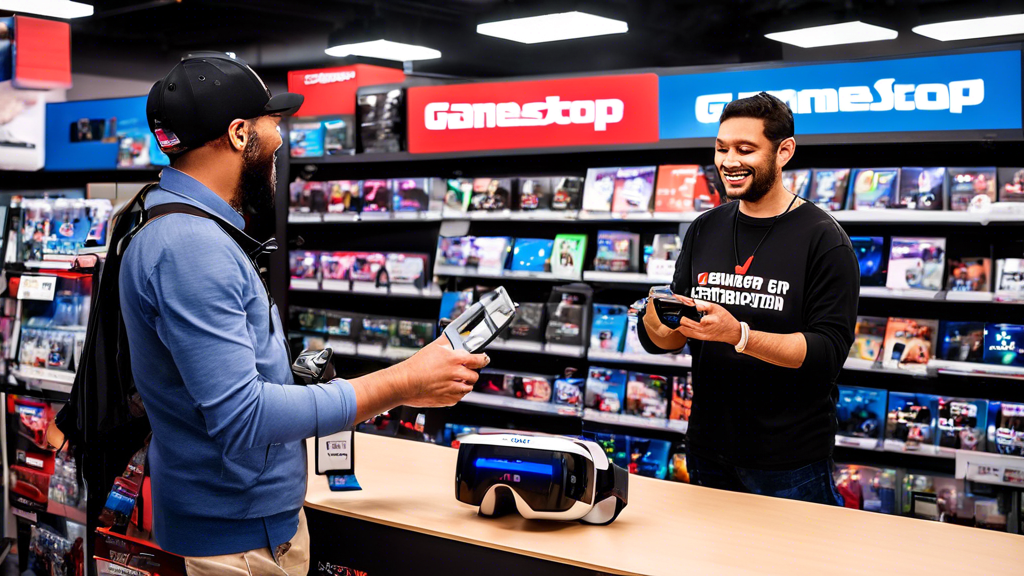 Create an image of a satisfied customer standing at a GameStop counter, holding a PSVR headset box. They are smiling while a friendly GameStop employee explains various options on a screen in the background showing trade-in options, loyalty rewards, and customer support icons. Other shelves in the store are filled with PSVR games and accessories, reinforcing the comprehensive PSVR offerings at GameStop.