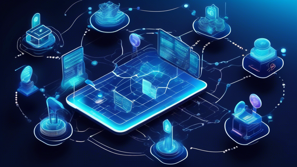 Create an image of a futuristic financial system powered by blockchain technology. This scene should vividly illustrate key applications such as enhanced transaction security and transparency, streamlined payments with reduced transaction costs, and innovative smart contracts automating processes. Show a sleek, digital interface displaying secure transactions, a global network of interconnected nodes, and automated contract icons. Integrate symbols of financial institutions collaborating on a blockchain network with a backdrop of modern skyscrapers, representing the Financial Times