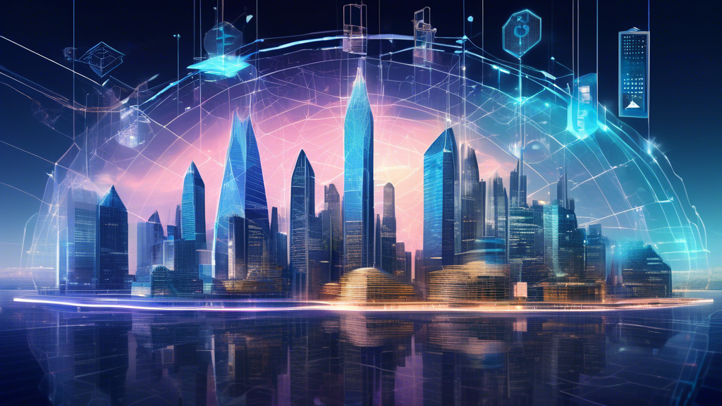 Prompt for DALL-E: Create an artistic representation of the future of financial institutions integrated with blockchain technology. Show a futuristic skyline with towering financial buildings embedded with blockchain elements, digital ledgers, and connected nodes. Add holographic displays highlighting data security, transparency, and automated processes. Include a blend of traditional financial symbols with modern blockchain icons, signifying the transformation of the Financial Times.