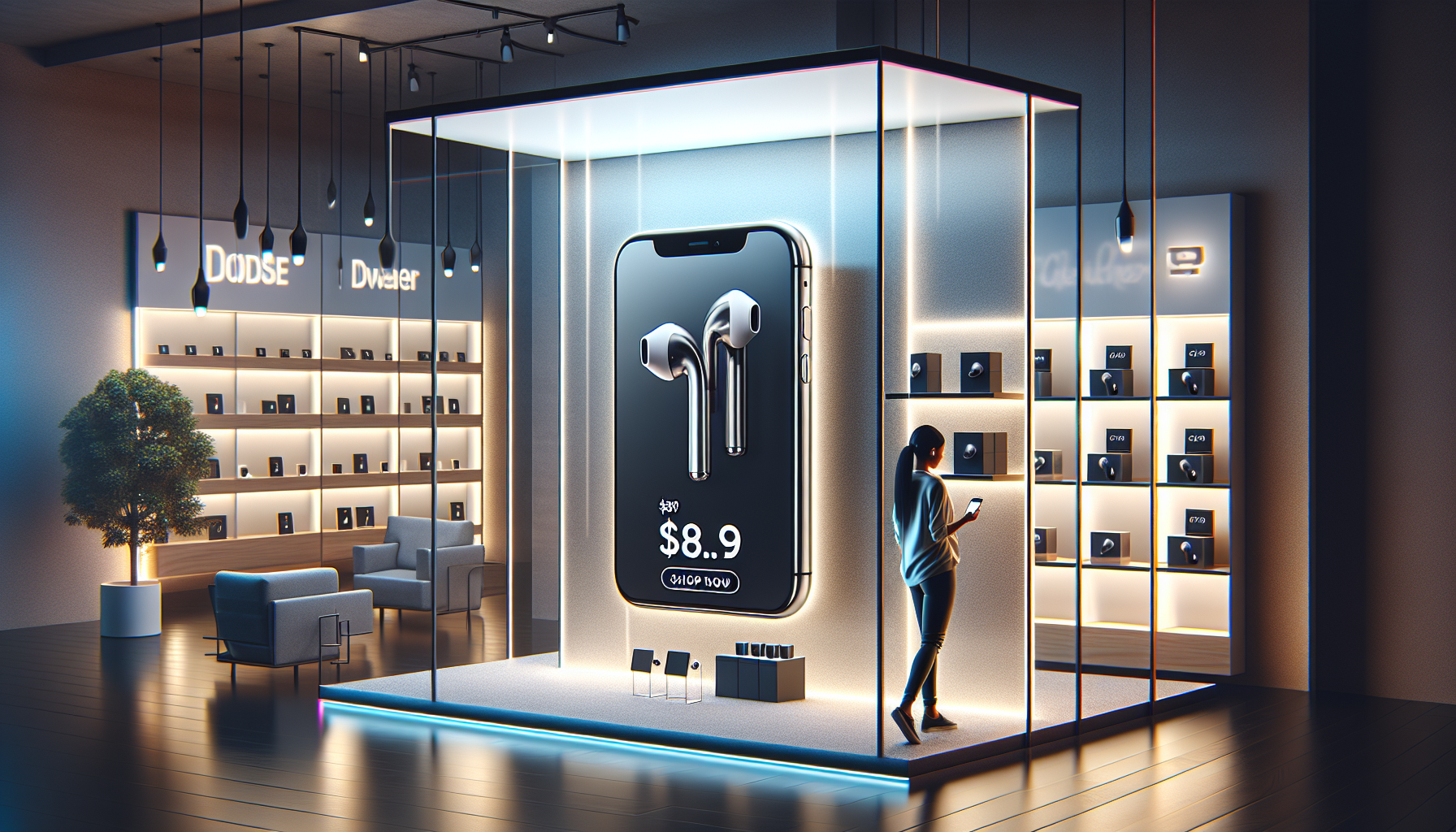 Create an image of a modern, sleek tech store interior featuring a well-lit display showcasing Apple’s AirPods 2 with a prominent price tag of $89 and AirPods Pro 2 with a price tag of $189.99. The backdrop should include recognizable Amazon branding elements to highlight the special offer.