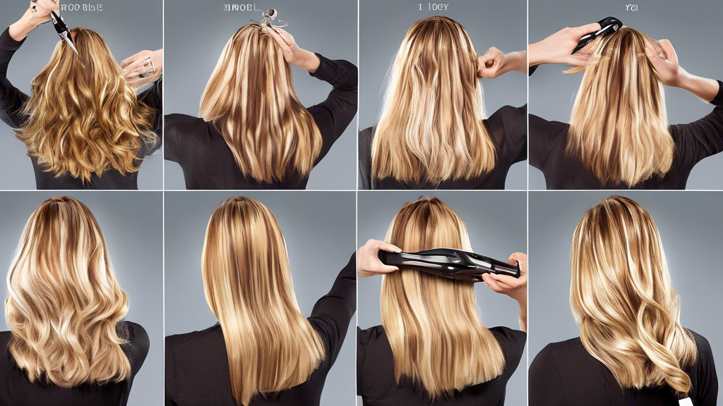 Create an image showing a detailed step-by-step guide to applying blonde with brown foils on hair, highlighting key steps. The image should include:
1. a set of professional hair coloring tools, 
2. foil wraps, 
3. a model with partially completed hair showing foils applied, and 
4. clear instructions for each step.
The setting should be a modern, well-lit salon, illustrating the preparation and application process. Keywords: blonde with brown foils, hair coloring tools, step-by-step guide.