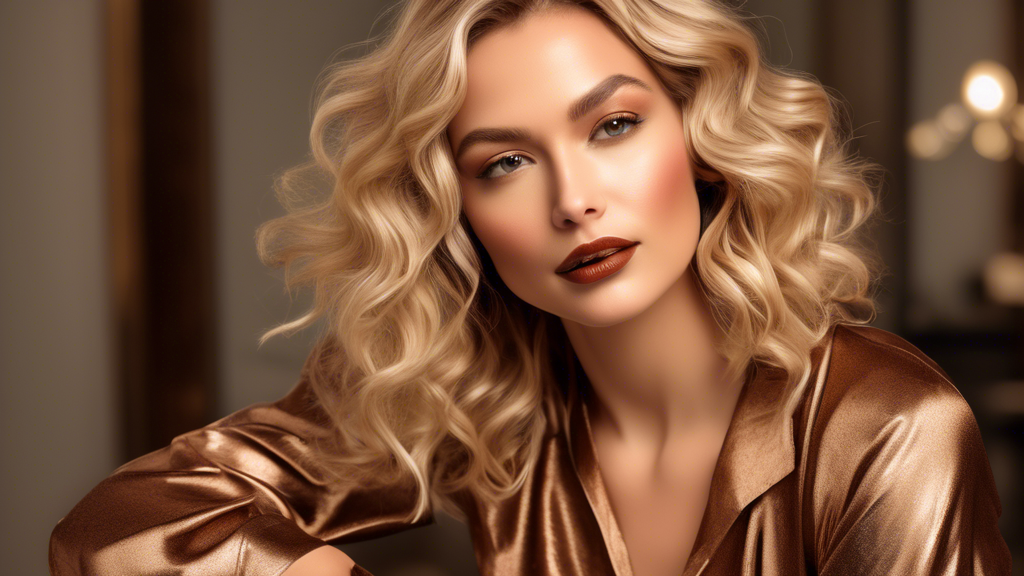 Create an image of a woman with blonde hair highlighted with brown foils, styled in loose, wavy curls. She is wearing makeup that complements her hair, featuring warm earth tones and a vibrant lip color. Her outfit is chic and fashion-forward, comprised of elegant pieces like a stylish blouse and high-waisted pants. In the background, there is a softly lit vanity table with makeup products and hair accessories neatly arranged, emphasizing the theme of styling and makeup tips for her new look.