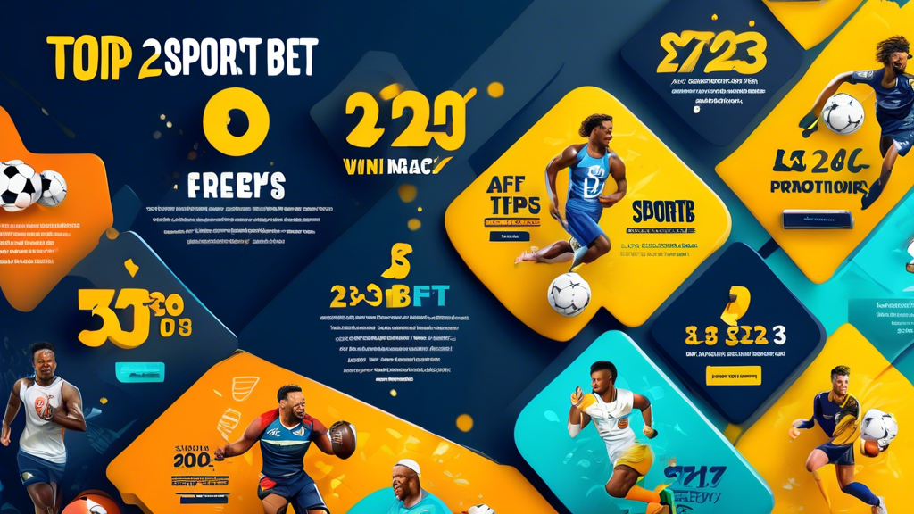 Create an informative infographic showcasing the top sportsbet promotions of 2023. The design should include visual elements like vibrant banners representing welcome bonuses, ongoing promotions, and seasonal offers. Use engaging icons and chart-like structures to illustrate potential winnings and tips for leveraging these promotions effectively. Include a background that resembles a lively sports event, with cheering fans and sporting elements like balls, trophies, and betting slips. The overall tone should be exciting and appealing to sports betting enthusiasts.