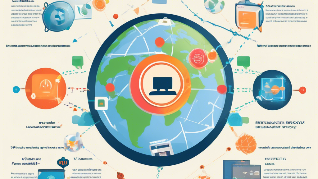 An illustrative infographic showcasing various effective tools and methods to unblock websites. The top section features a VPN icon connected to multiple devices, symbolizing the versatility of Virtual Private Networks (VPNs). The middle section illustrates a proxy server with arrows pointing towards a globe, representing how proxy servers facilitate access to restricted content. The bottom section highlights browser extensions with icons of popular web browsers and extensions, demonstrating alternative ways to access blocked websites. The backdrop is a world map subtly indicating global relevance. Use a clean, modern design with vibrant colors for visual appeal.