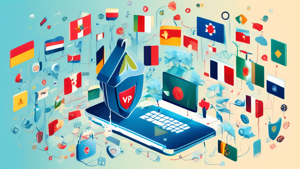 Create an image depicting a serene, shielded digital landscape where users are safeguarded while accessing unlocked websites. Incorporate elements representing internet safety practices such as a padlock, a VPN shield, and various country flags to emphasize global legal compliance. Include subtle icons depicting risks like malware or data breach, balanced by protective measures ensuring online security.