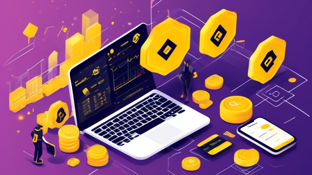 Create a digital illustration of a user-friendly guide for newcomers to the Binance crypto exchange. The image should depict a step-by-step process, starting from creating and verifying a Binance account, followed by navigating the user interface, and culminating in tips for successful trading. Include visual elements such as a computer or mobile screen with the Binance website open, verification checks, navigation menus, and trading graphs. The style should be clean and modern, utilizing the Binance color scheme of black, yellow, and white to maintain brand consistency.