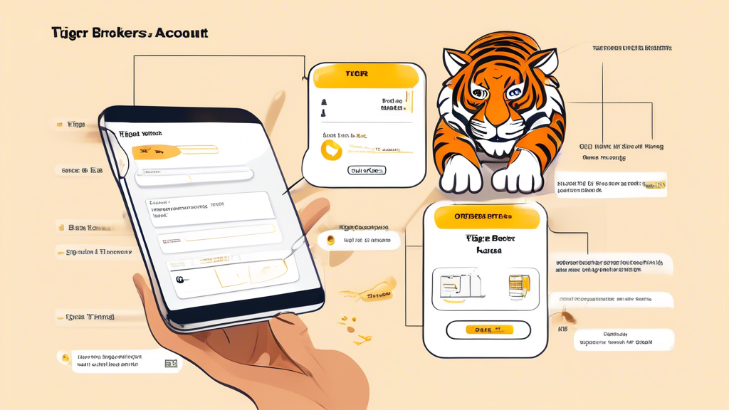 Prompt for DALL-E: Create a detailed, step-by-step visual guide showing how to open and operate a Tiger Brokers Margin Account. The image should include a series of clear illustrations, starting with signing up on a computer or mobile device, followed by steps for funding the account, and finally, navigating the Tiger Brokers trading interface for margin trading. Include text labels for each step to enhance understanding. The overall design should be user-friendly and visually appealing, reflecting the modern and professional aesthetic of Tiger Brokers.