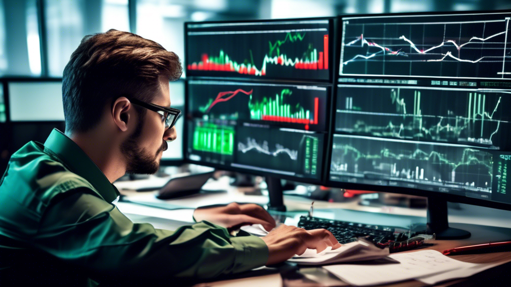 Create an image depicting a trader at a desk with multiple computer screens, each showing graphs and charts representing market trends. Include a diverse range of visual indicators such as red and green stock arrows to emphasize gains and losses. The trader should be in deep concentration, perhaps writing on a notepad with strategic plans. In the background, a bulletin board with pinned notes about risk management and trading strategies should be visible. The overall theme should convey a combination of high-risk decision-making and careful strategic planning, capturing the essence of managing and strategizing within a Tiger Brokers margin account.