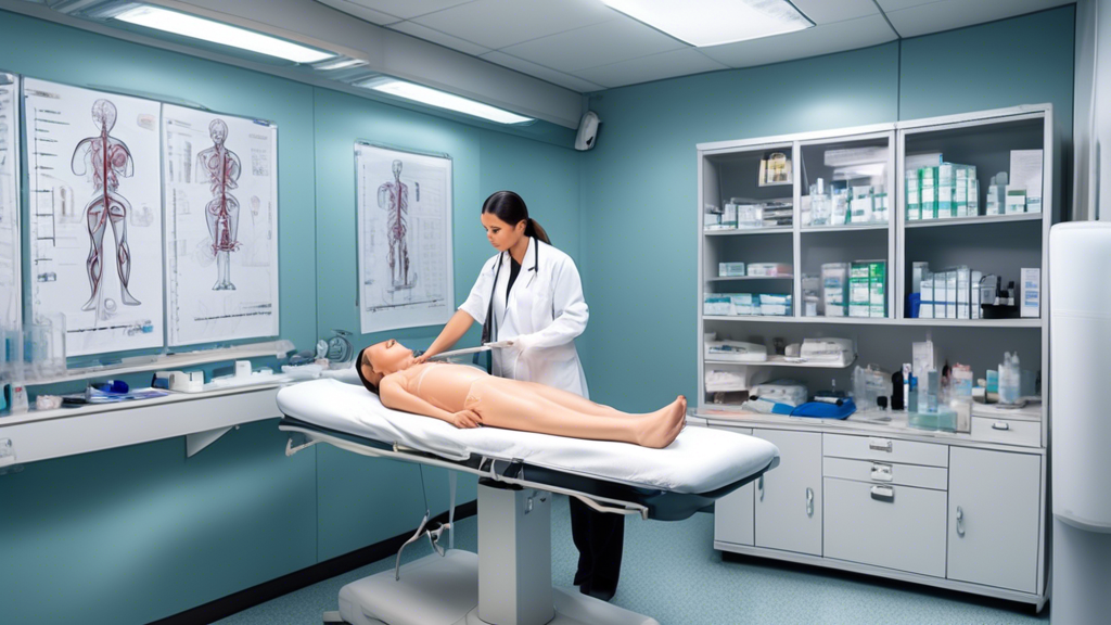 Create an image showing a detailed and organized medical examination room. A professional medical examiner is attentively conducting a step-by-step DOT physical examination on a commercial driver. Highlight various health parameters like vision test charts, blood pressure monitors, and hearing test equipment prominently in the setting. Include visual aids showing step-by-step breakdowns, such as posters or diagrams on the walls, to capture the thorough nature of the DOT physical examination process.