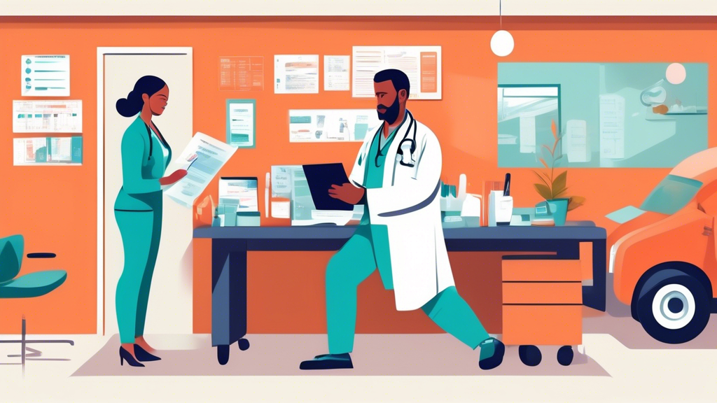 Illustration of a commercial driver preparing for a DOT physical medical card appointment. The scene focuses on the driver organized with essential documents like medical history, a checklist of tips for the examination, and a healthy lifestyle routine. The backdrop features a medical office with a doctor ready to assist, highlighting the importance of preparation and addressing health concerns.