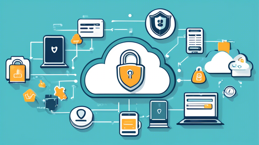 Create an image that illustrates the key benefits of online backups for businesses. The visual should depict enhanced security with icons such as lock and shield, remote access flexibility represented with various connected devices like laptops and smartphones, and cost savings shown with dollar signs and automation icons. The background should feature a modern office setting with cloud icons to indicate data storage in the cloud.