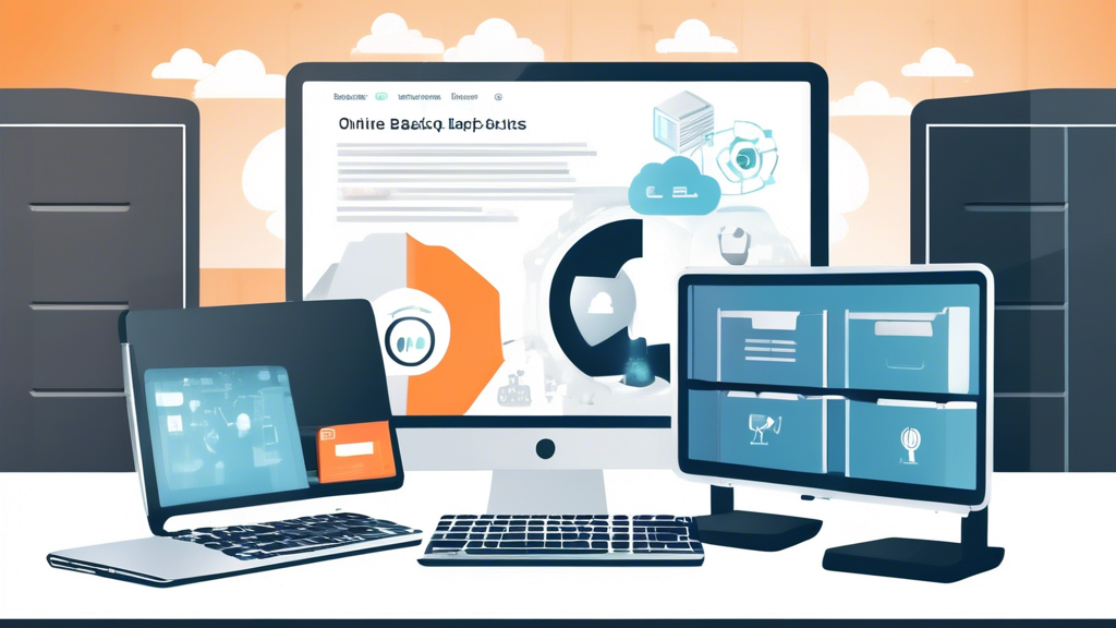 Create an image that depicts Best Practices for Implementing Online Backup Systems by showing a business environment where professionals are:

- Comparing different online backup providers.
- Setting up automated backup schedules on computers.
- Monitoring backup status on a dashboard.
- Emphasizing data protection and compliance with legal regulations.

Use a modern, sleek office setting with a mix of technology like laptops, cloud icons, checklists, and compliance certificates to highlight the various elements.