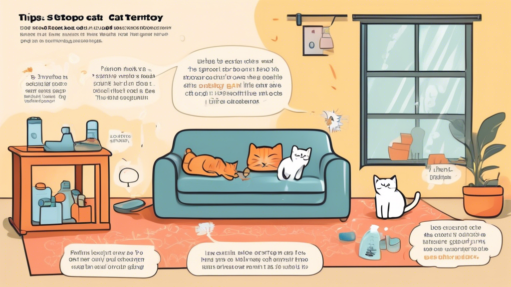 An illustrated guide showing various effective tips to stop a cat from marking territory. The image features a cozy living room with a cat, a spray bottle of pet-safe cleaner, a litter box, and various deterrent sprays. Include visual hints like 