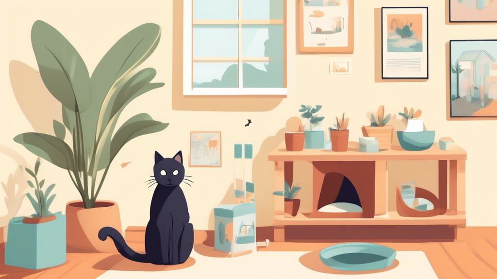 Create an informative illustration depicting various practical strategies to discourage cats from marking their territory. Include visual elements like an organized litter box, a cat-friendly room with environmental modifications (such as a scratching post and clean surfaces), and a pheromone diffuser in action. Add calming colors and a friendly cat to create a positive and approachable atmosphere, emphasizing the importance of regular maintenance and the use of pheromone products to prevent marking behaviors.