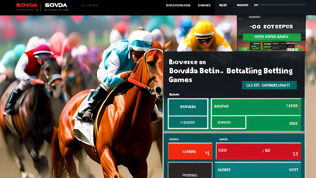 Create an image that showcases the diverse betting options available on Bovada LV. The scene should include elements representing various types of betting: a sports scoreboard symbolizing sports betting, a poker table for poker games, vibrant slot machines for casino games, and a horse racing track with colorful jockeys for horse racing. Include text snippets of attractive promotions and bonuses floating around, all set against a digital backdrop that reflects the modern online betting experience. Use a color palette that conveys excitement and energy, emphasizing the thrilling atmosphere of Bovada LV.