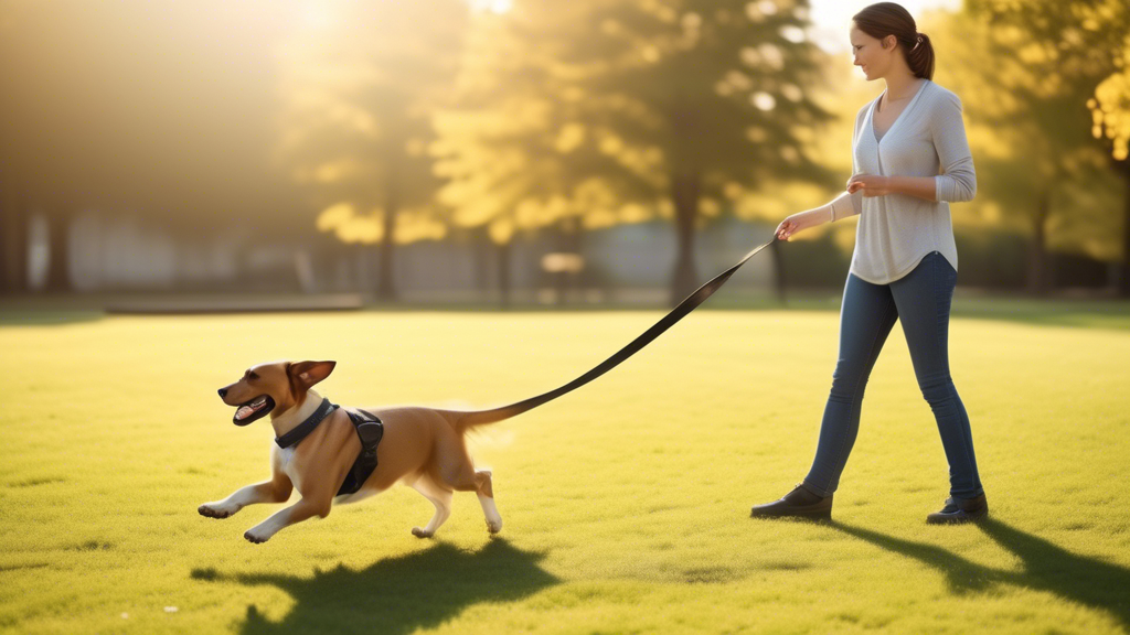 Create an image of a dog training session in a spacious park, featuring a dog on an extra long leash. The setting should include a professional dog trainer demonstrating obedience and recall techniques. Show the dog responding enthusiastically to commands while having the freedom to move around in the open space, showcasing the effectiveness of the training. The leash should be visibly extended, emphasizing its length as a key element of the training session.