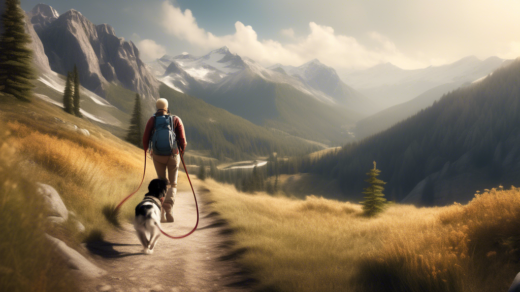 DALL-E prompt: Create an image that depicts a person using an extra long dog leash while hiking in a scenic mountain area. The image should show the dog enjoying the freedom to explore, but still connected securely to the owner by the leash. Capture the essence of enhanced safety and control during this outdoor adventure, highlighting the extra long leash in scenarios like navigating open spaces, climbing over rocks, and passing through wooded trails.