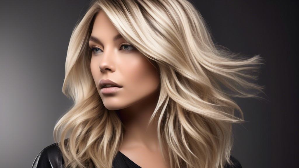 Create an image that showcases the benefits of the blonde with dark foils hair trend. In the scene, display a woman with beautifully styled hair that features blonde with dark foils. Emphasize how the dark foils make the blonde hair appear more textured and voluminous. Include visual cues of low maintenance, like a minimalistic haircare routine setup in the background. Make sure to show variety, illustrating how the hairstyle complements different skin tones and hair types in a collage-like assembly around the main character.